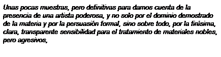 Cuadro de texto: Unas pocas muestras, pero definitivas para darnos cuenta de la presencia de una artista poderosa, y no solo por el dominio demostrado de la materia y por la persuasi�n formal, sino sobre todo, por la fin�sima, clara, transparente sensibilidad para el tratamiento de materiales nobles, pero agresivos, 

